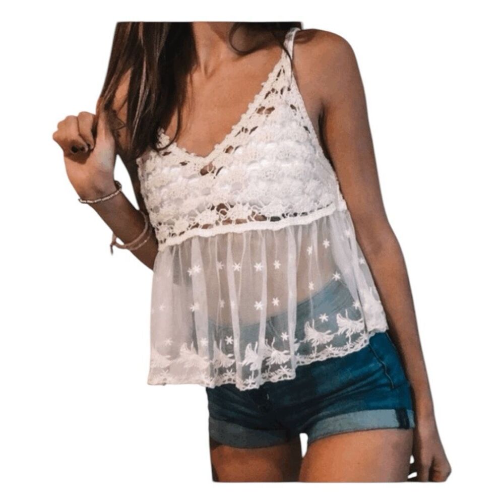 Love Tree White Lace Crochet Sheer Crop Camisole